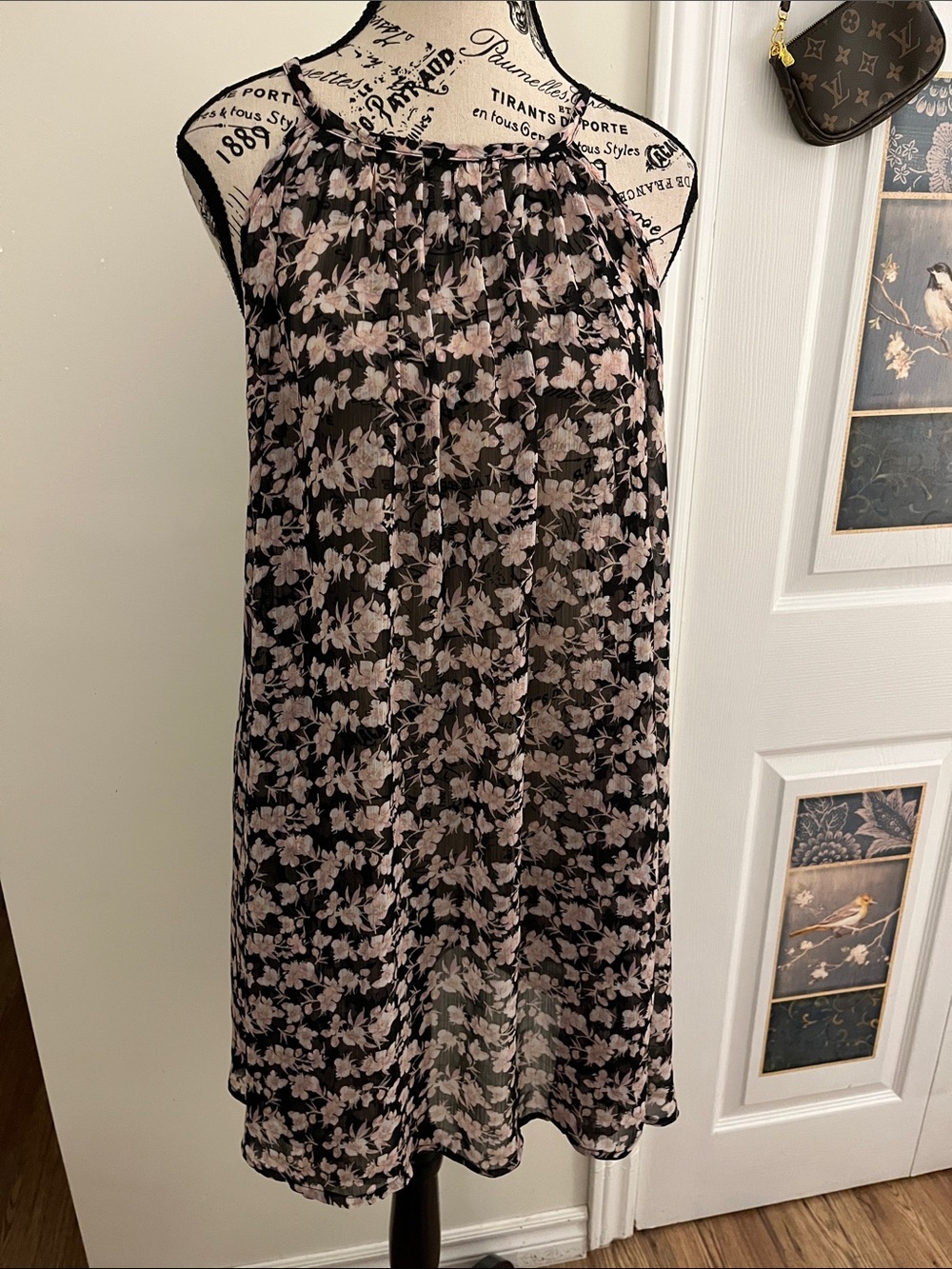 La Vie En Rose Black and Blush Floral Halter Swim Coverup